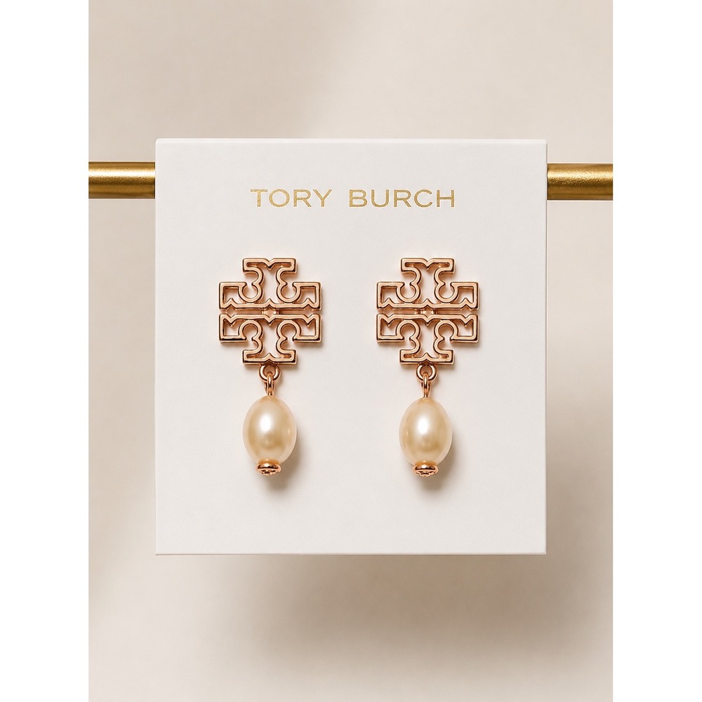 NWT Tory Burch Pearl Drop Down Icon Earrings / Dustbag Included / MSRP $198